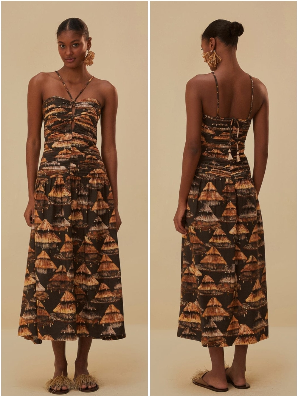 Farm Rio Shuhu Maxi Dress XL Brown Tan